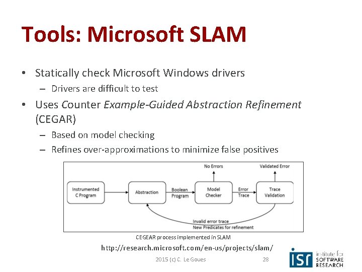 Tools: Microsoft SLAM • Statically check Microsoft Windows drivers – Drivers are difficult to