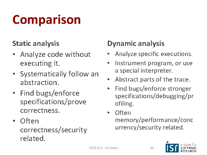 Comparison Static analysis • Analyze code without executing it. • Systematically follow an abstraction.
