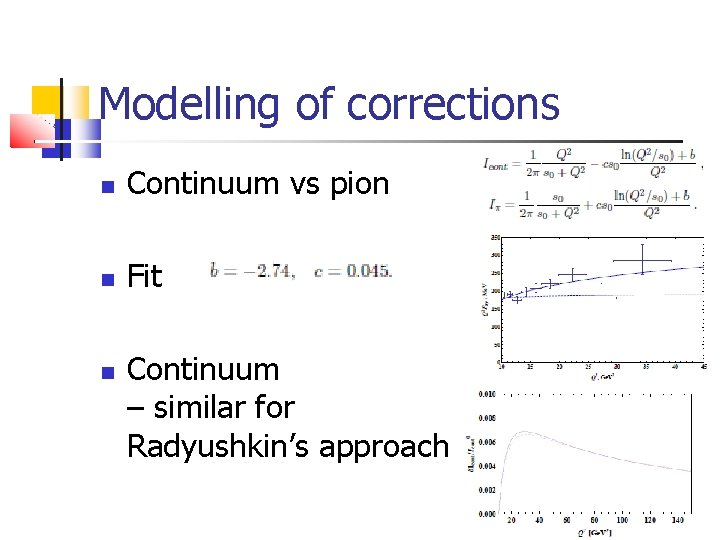 Modelling of corrections Continuum vs pion Fit Continuum contribution – similar for Radyushkin’s approach