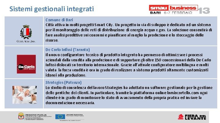 Sistemi gestionali integrati Comune di Bari Città attiva in molti progetti Smart City. Un Sistemi gestionali integrati Comune di Bari Città attiva in molti progetti Smart City. Un
