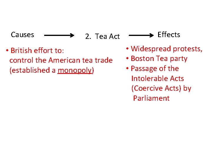 Causes 2. Tea Act • British effort to: control the American tea trade (established
