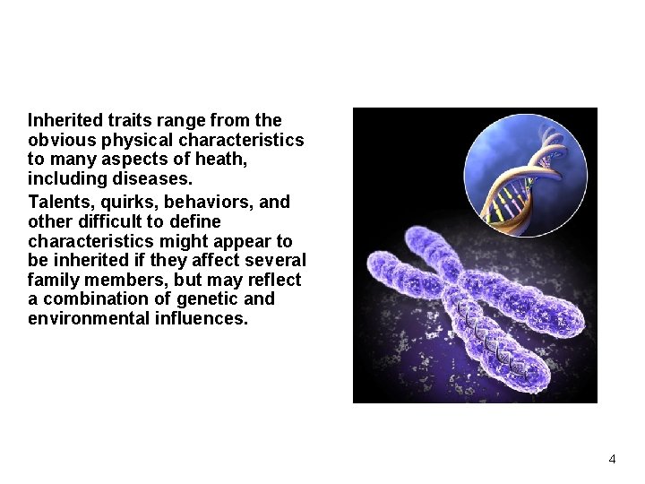 Inherited traits range from the obvious physical characteristics to many aspects of heath, including