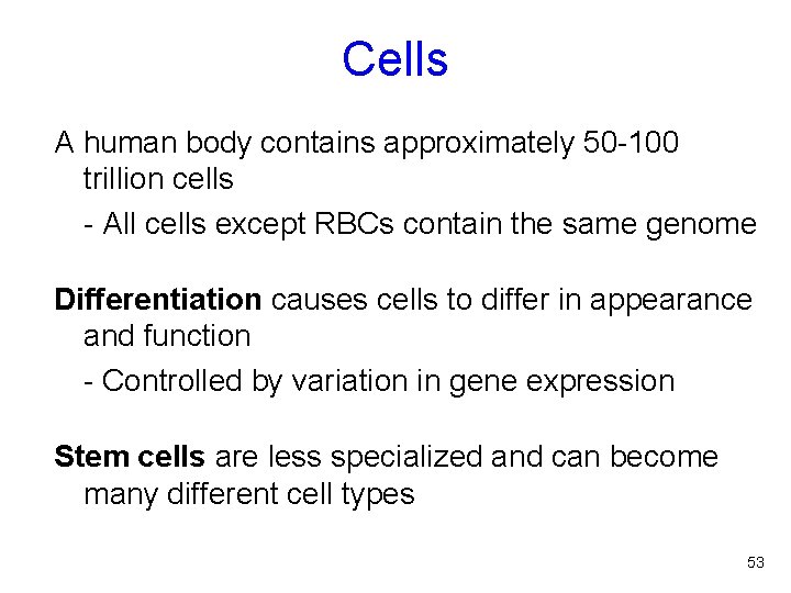 Cells A human body contains approximately 50 -100 trillion cells - All cells except