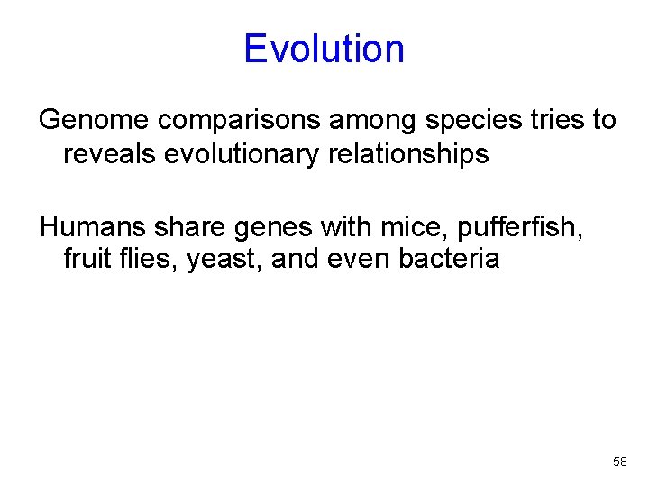 Evolution Genome comparisons among species tries to reveals evolutionary relationships Humans share genes with