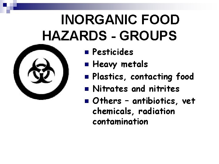 INORGANIC FOOD HAZARDS - GROUPS n n n Pesticides Heavy metals Plastics, contacting food