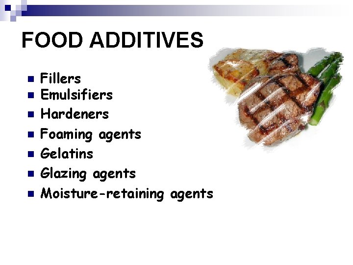 FOOD ADDITIVES n n n n Fillers Emulsifiers Hardeners Foaming agents Gelatins Glazing agents