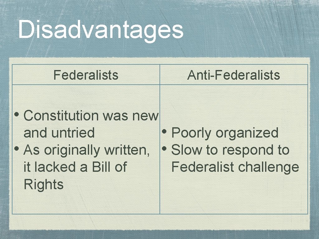 Disadvantages Federalists • Constitution was new and untried • As originally written, it lacked