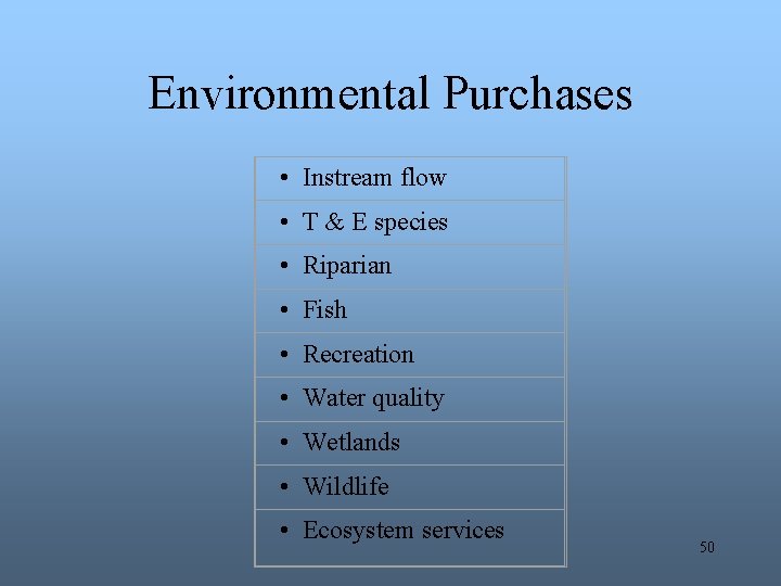 Environmental Purchases • Instream flow • T & E species • Riparian • Fish