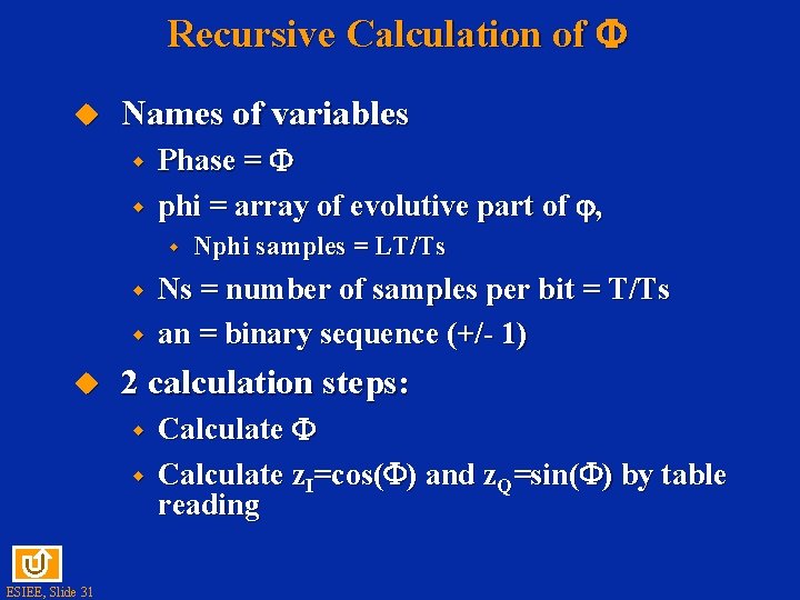 Recursive Calculation of u Names of variables w w Phase = phi = array