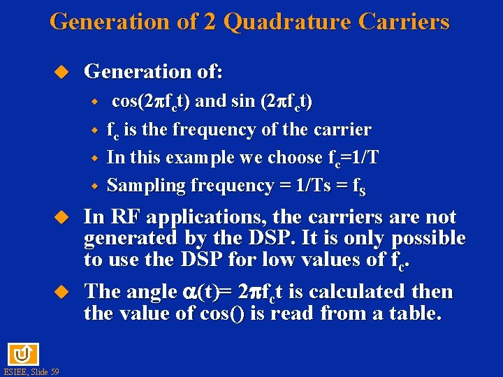 Generation of 2 Quadrature Carriers u Generation of: w w u u ESIEE, Slide