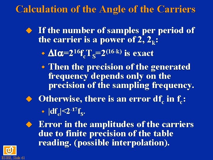Calculation of the Angle of the Carriers u u If the number of samples