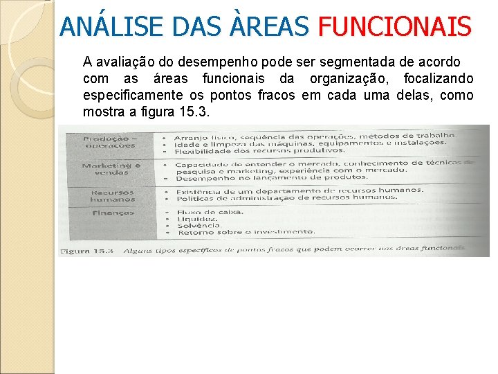 ANÁLISE DAS ÀREAS FUNCIONAIS A avaliação do desempenho pode ser segmentada de acordo com