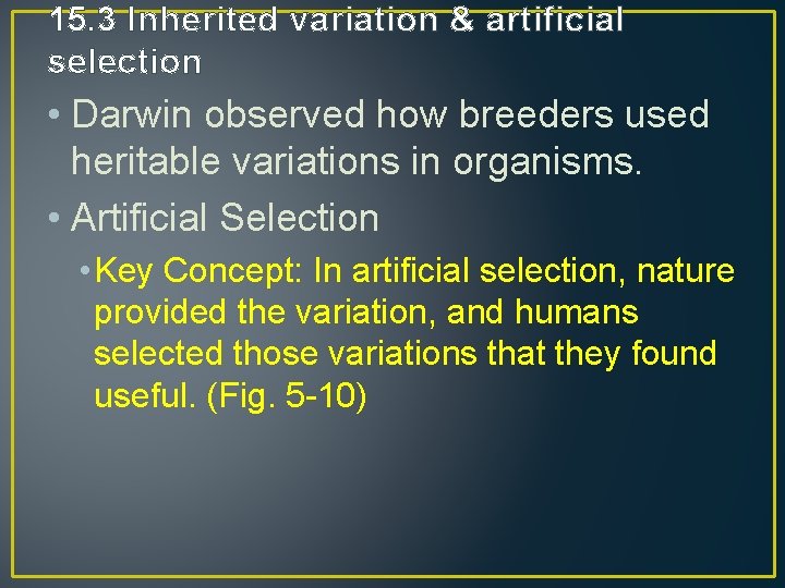 15. 3 Inherited variation & artificial selection • Darwin observed how breeders used heritable