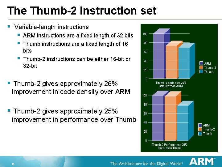 The Thumb-2 instruction set § Variable-length instructions § § ARM instructions are a fixed