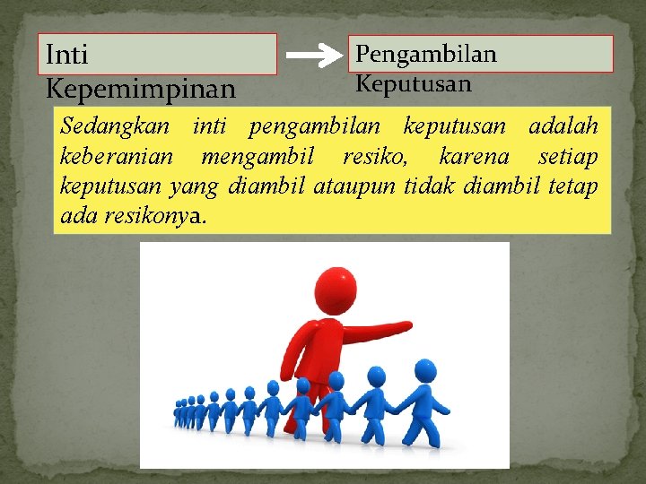 Inti Kepemimpinan Pengambilan Keputusan Sedangkan inti pengambilan keputusan adalah keberanian mengambil resiko, karena setiap