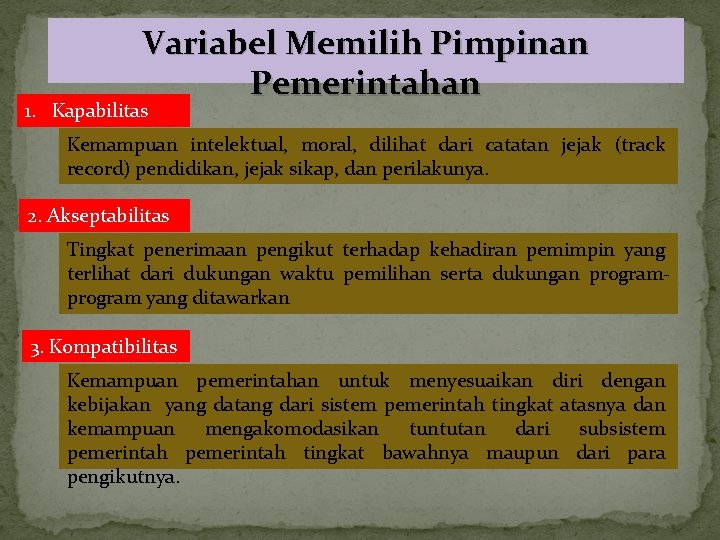 Variabel Memilih Pimpinan Pemerintahan 1. Kapabilitas Kemampuan intelektual, moral, dilihat dari catatan jejak (track