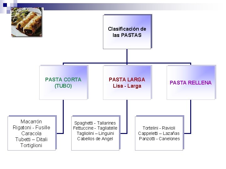 Clasificación de las PASTAS PASTA CORTA (TUBO) Macarrón Rigatoni - Fusille Caracola Tubetti –