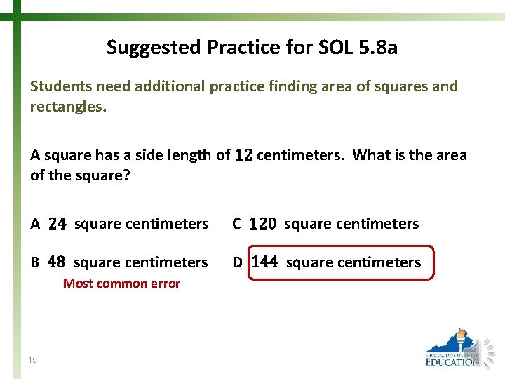 Suggested Practice for SOL 5. 8 a Students need additional practice finding area of