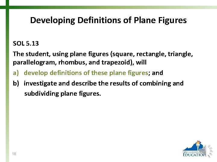 Developing Definitions of Plane Figures SOL 5. 13 The student, using plane figures (square,