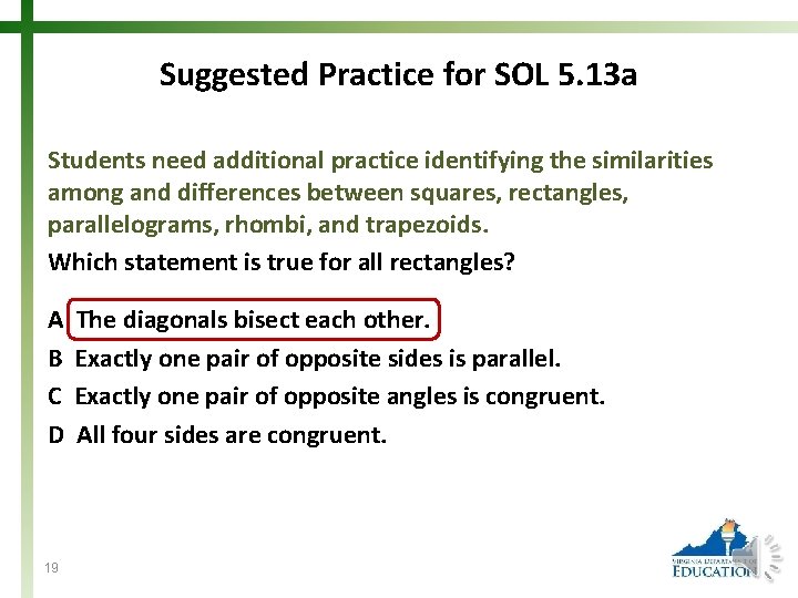 Suggested Practice for SOL 5. 13 a Students need additional practice identifying the similarities
