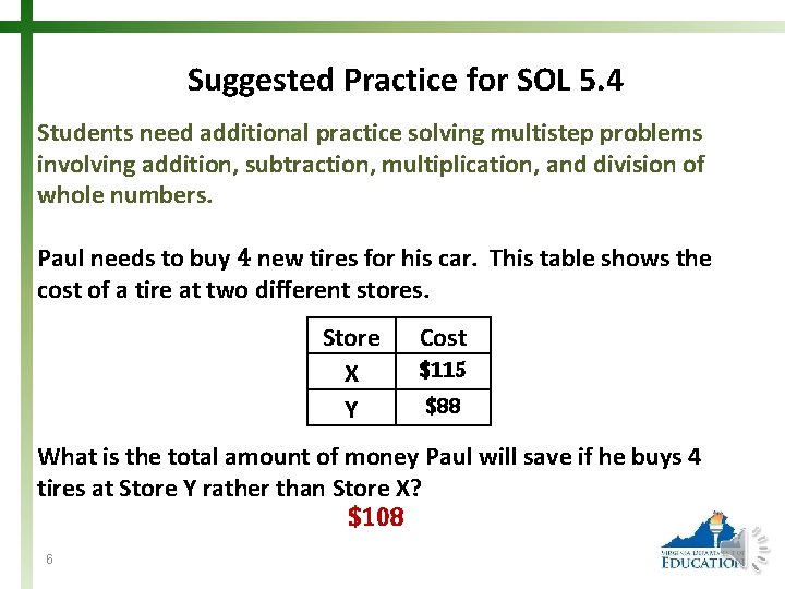 Suggested Practice for SOL 5. 4 Students need additional practice solving multistep problems involving