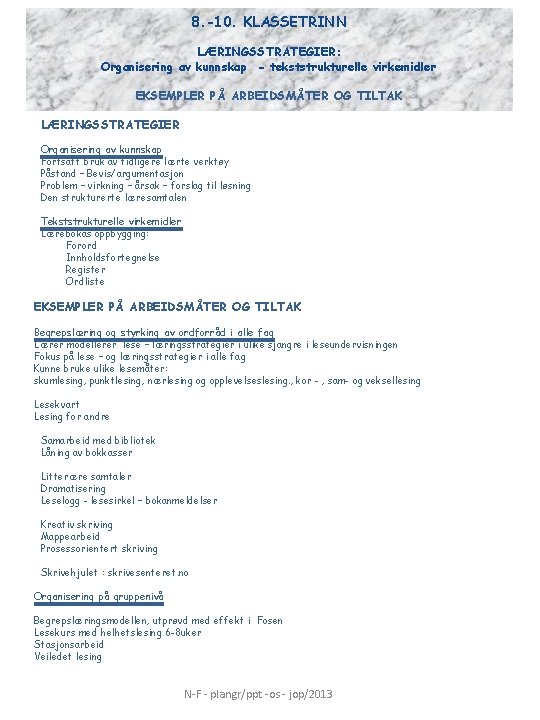 8. -10. KLASSETRINN LÆRINGSSTRATEGIER: Organisering av kunnskap - tekststrukturelle virkemidler EKSEMPLER PÅ ARBEIDSMÅTER OG