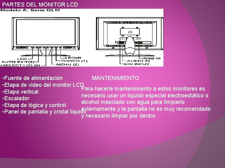 PARTES DEL MONITOR LCD • Fuente de alimentación MANTENIMIENTO • Etapa de video del