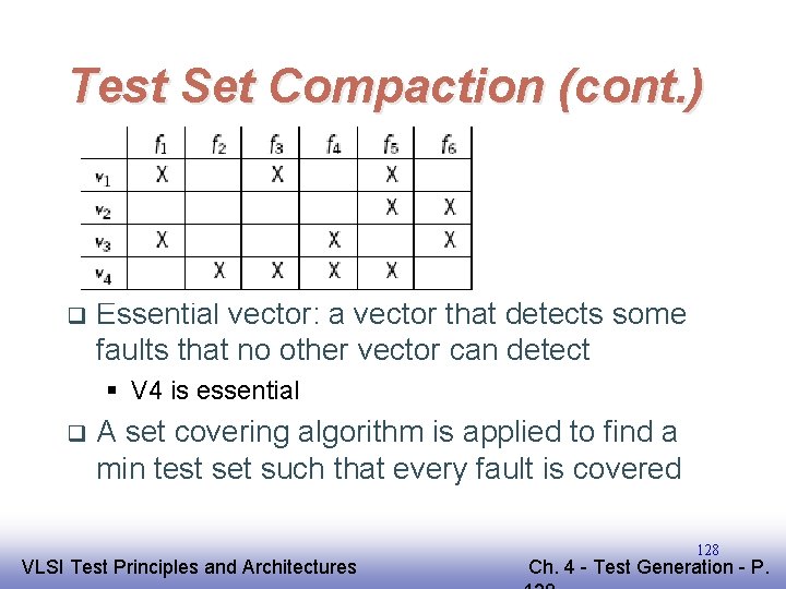 Test Set Compaction (cont. ) q Essential vector: a vector that detects some faults
