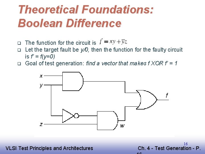 Theoretical Foundations: Boolean Difference q q q The function for the circuit is Let