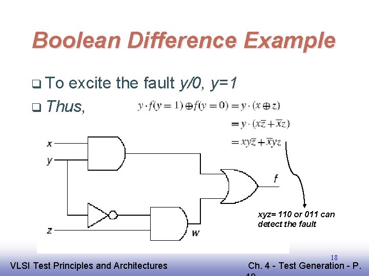 Boolean Difference Example q To excite the fault y/0, y=1 q Thus, xyz= 110