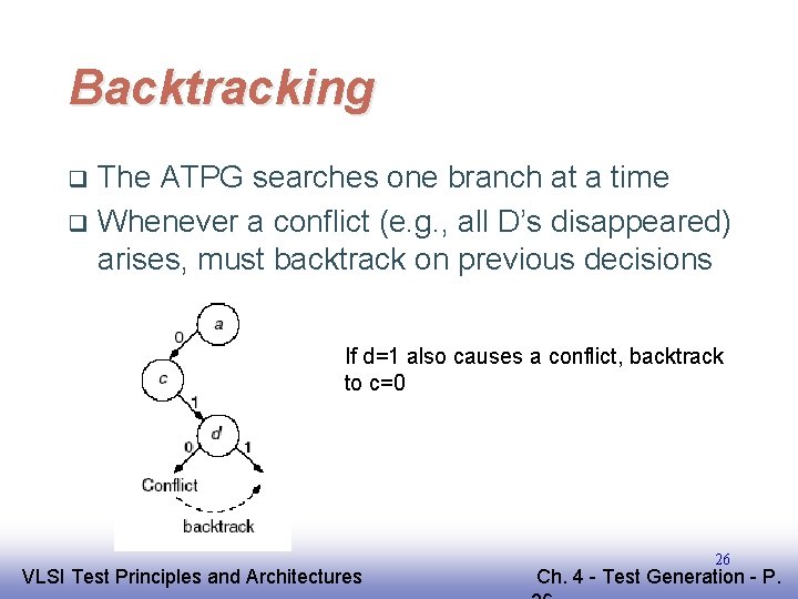 Backtracking The ATPG searches one branch at a time q Whenever a conflict (e.