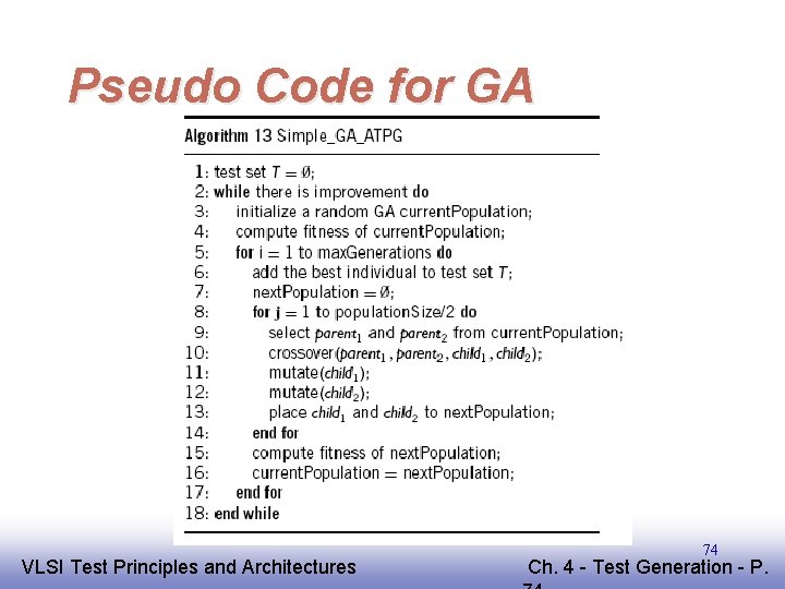 Pseudo Code for GA EE 141 VLSI Test Principles and Architectures 74 Ch. 4