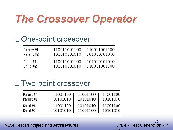 The Crossover Operator q One-point crossover q Two-point crossover EE 141 VLSI Test Principles