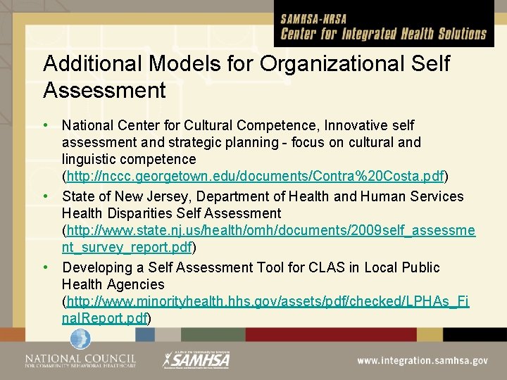 Additional Models for Organizational Self Assessment • National Center for Cultural Competence, Innovative self