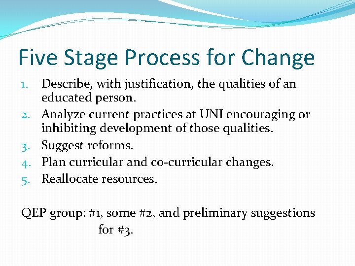 Five Stage Process for Change 1. 2. 3. 4. 5. Describe, with justification, the