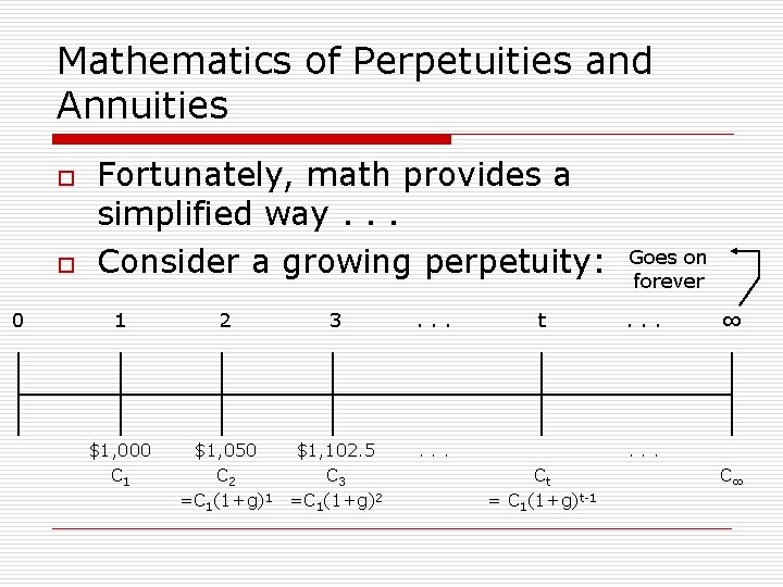 Mathematics of Perpetuities and Annuities o o 0 Fortunately, math provides a simplified way.