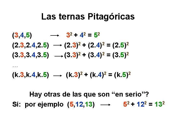 Las ternas Pitagóricas (3, 4, 5) (2. 3, 2. 4, 2. 5) (3. 3,