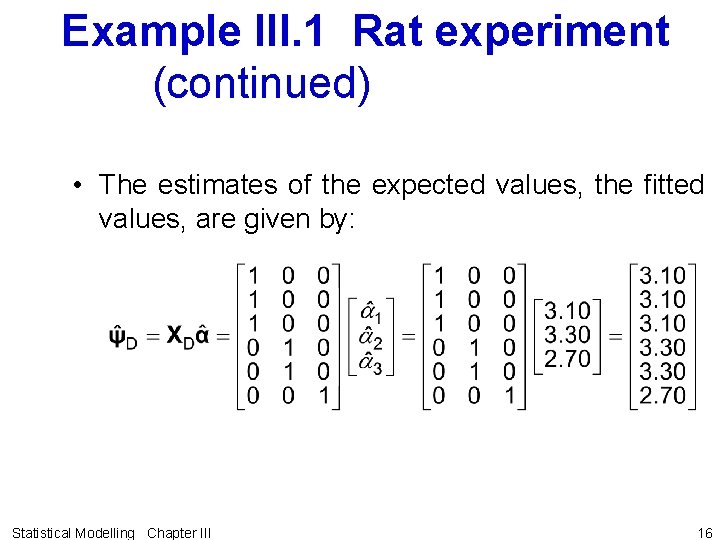 Example III. 1 Rat experiment (continued) • The estimates of the expected values, the