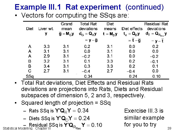 Example III. 1 Rat experiment (continued) • Vectors for computing the SSqs are: •