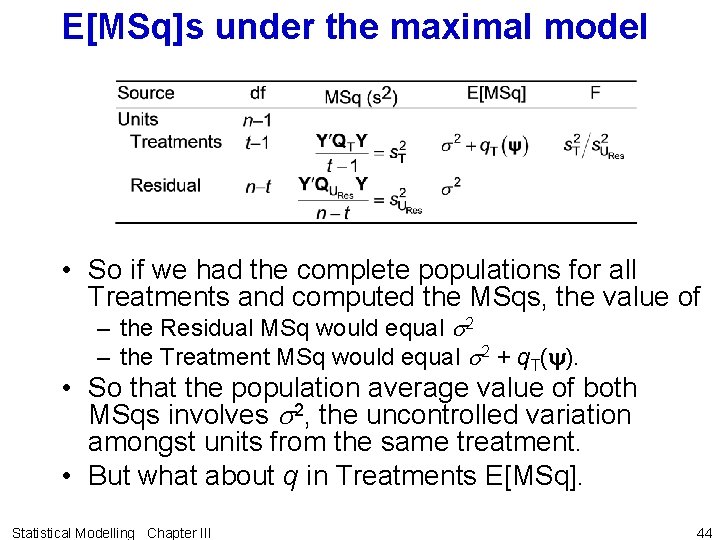 E[MSq]s under the maximal model • So if we had the complete populations for
