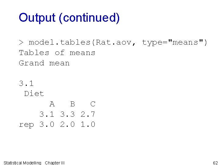 Output (continued) > model. tables(Rat. aov, type="means") Tables of means Grand mean 3. 1