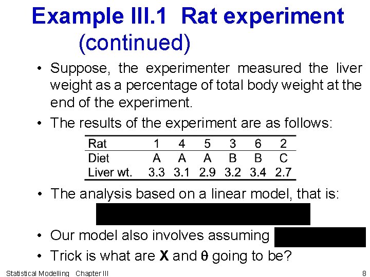 Example III. 1 Rat experiment (continued) • Suppose, the experimenter measured the liver weight