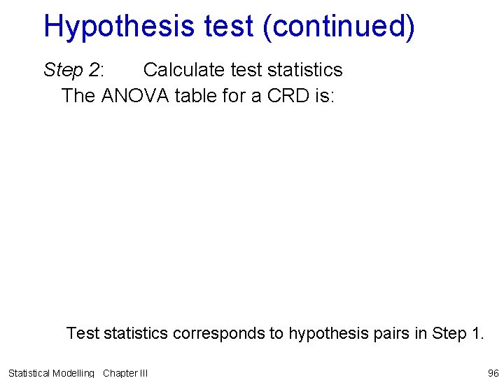 Hypothesis test (continued) Step 2: Calculate test statistics The ANOVA table for a CRD
