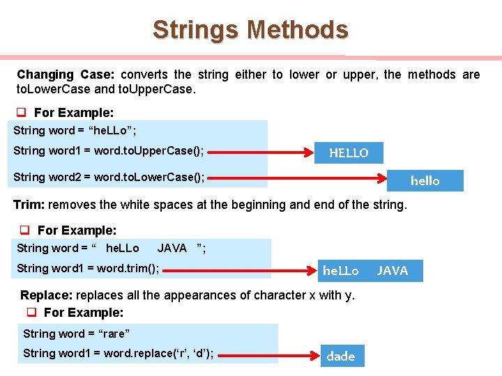 Strings Methods Changing Case: converts the string either to lower or upper, the methods