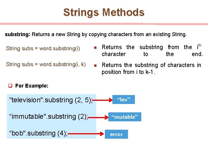 Strings Methods substring: Returns a new String by copying characters from an existing String