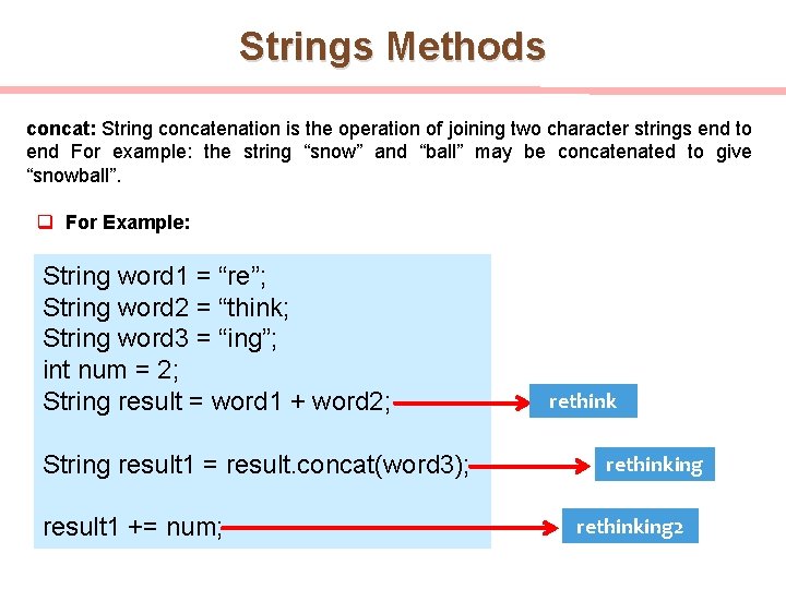 Strings Methods concat: String concatenation is the operation of joining two character strings end