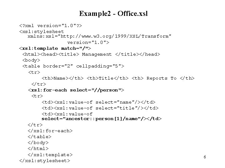 Example 2 - Office. xsl <? xml version="1. 0"? > <xsl: stylesheet xmlns: xsl="http: