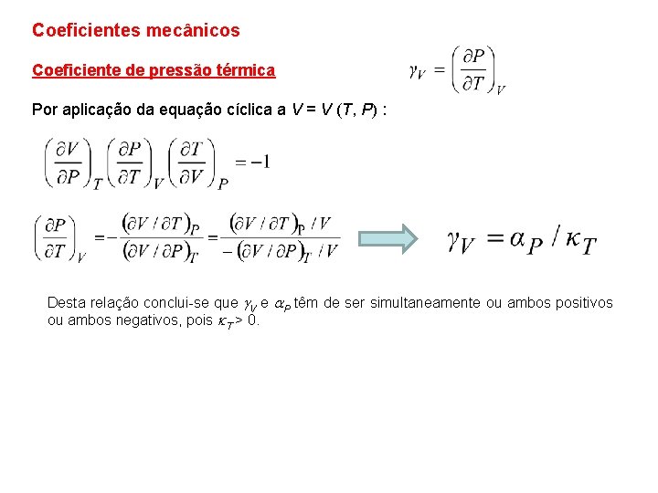 Coeficientes mecânicos Coeficiente de pressão térmica Por aplicação da equação cíclica a V =