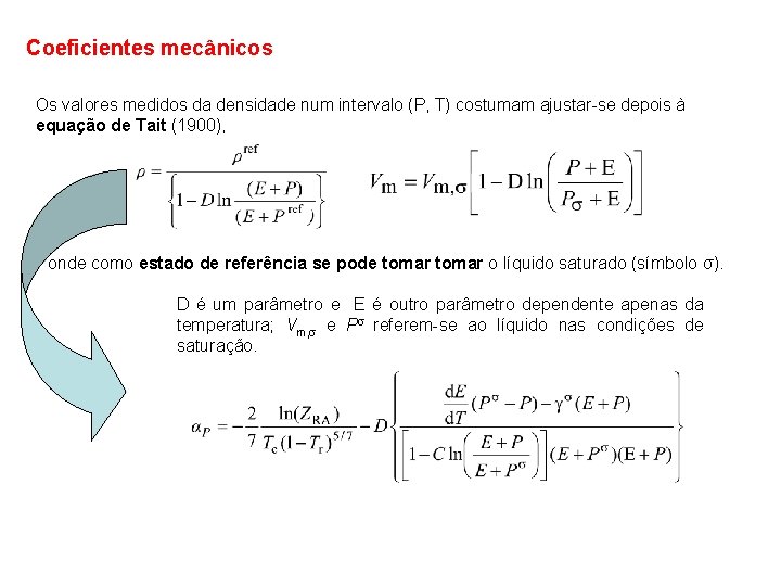 Coeficientes mecânicos Os valores medidos da densidade num intervalo (P, T) costumam ajustar se