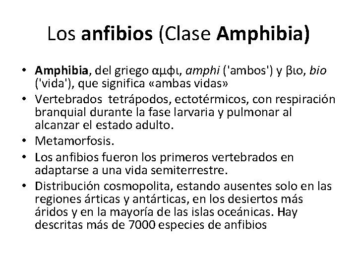 Los anfibios (Clase Amphibia) • Amphibia, del griego αμφι, amphi ('ambos') y βιο, bio